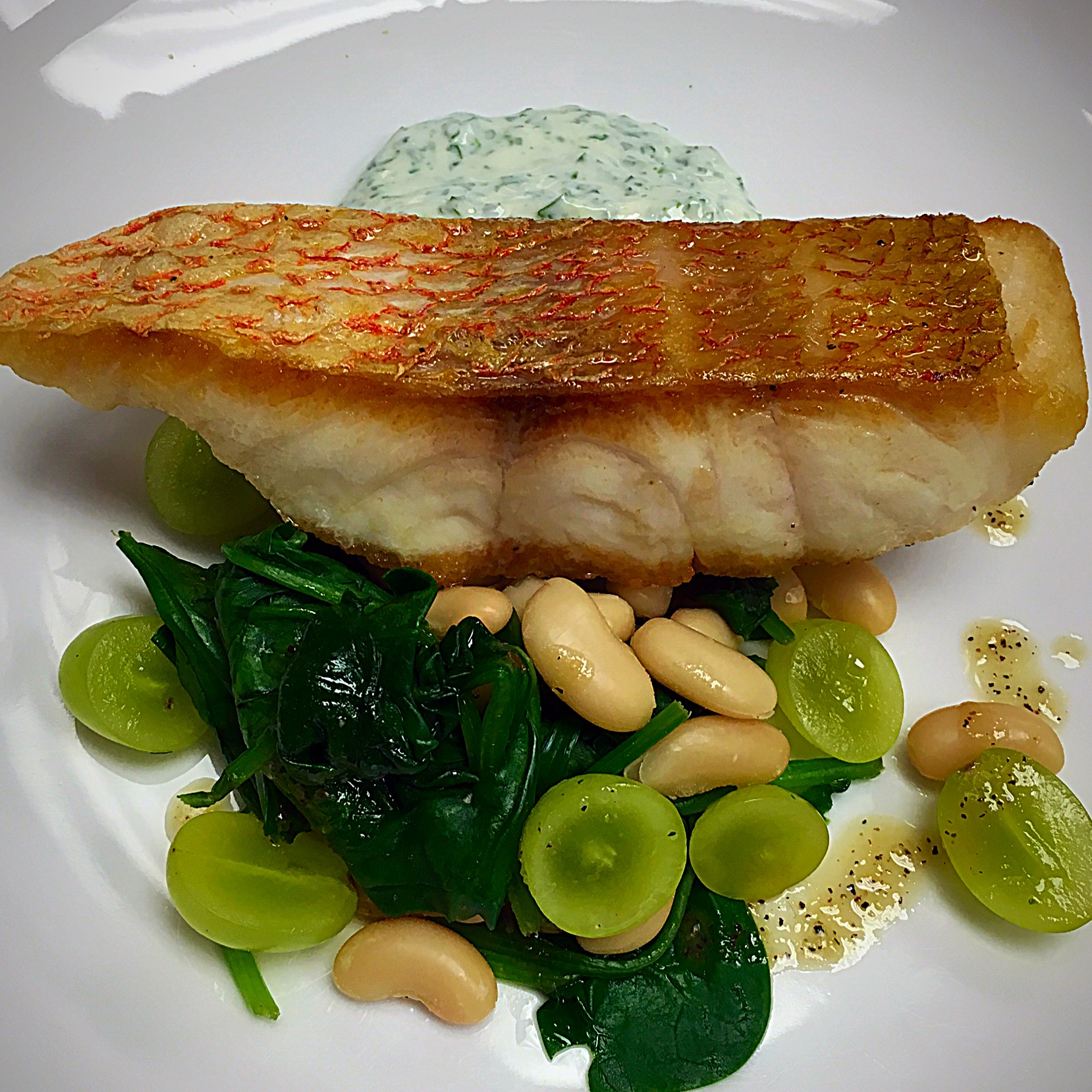 Pan Roasted Red Snapper with Spinach, Beans & Green Grapes