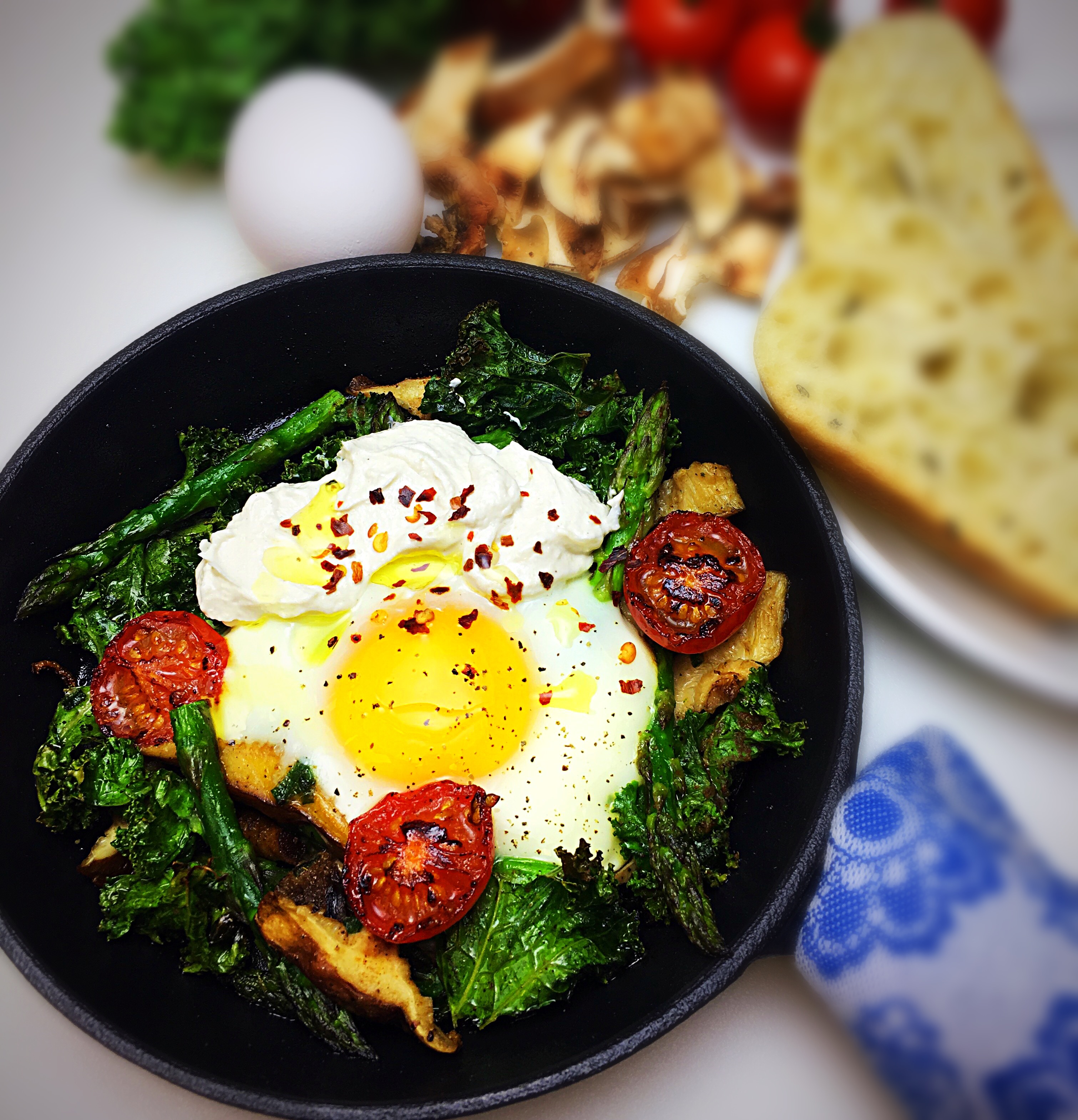 Kale, Wild Mushrooms, Asparagus, Baked Egg & Tahini