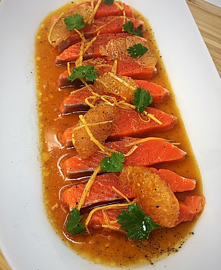 The “Red Blazer” Sashimi of Salmon with Ginger & Sesame Oil