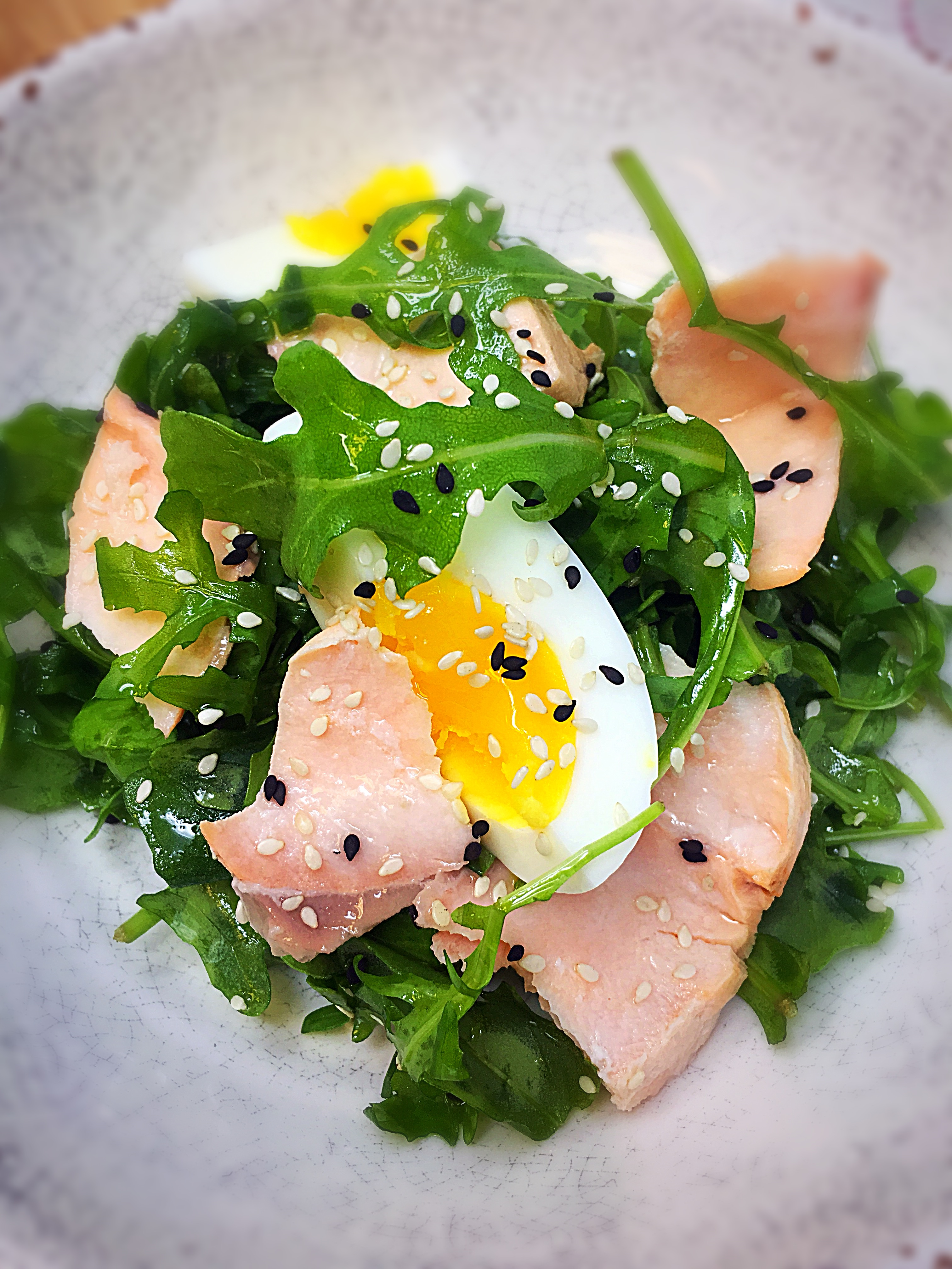 Flaked Poached Salmon with Arugula Salad & Soft Boiled Eggs