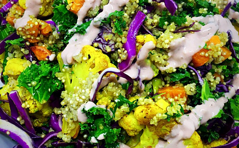 Salad of Roasted Vegetables, Quinoa with Tahini Blood Orange Dressing
